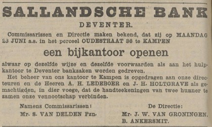<p>In 1915 opent de Sallandsche Bank een vestiging in Kampen aan de Oudestraat (www.delpher.nl). </p>
